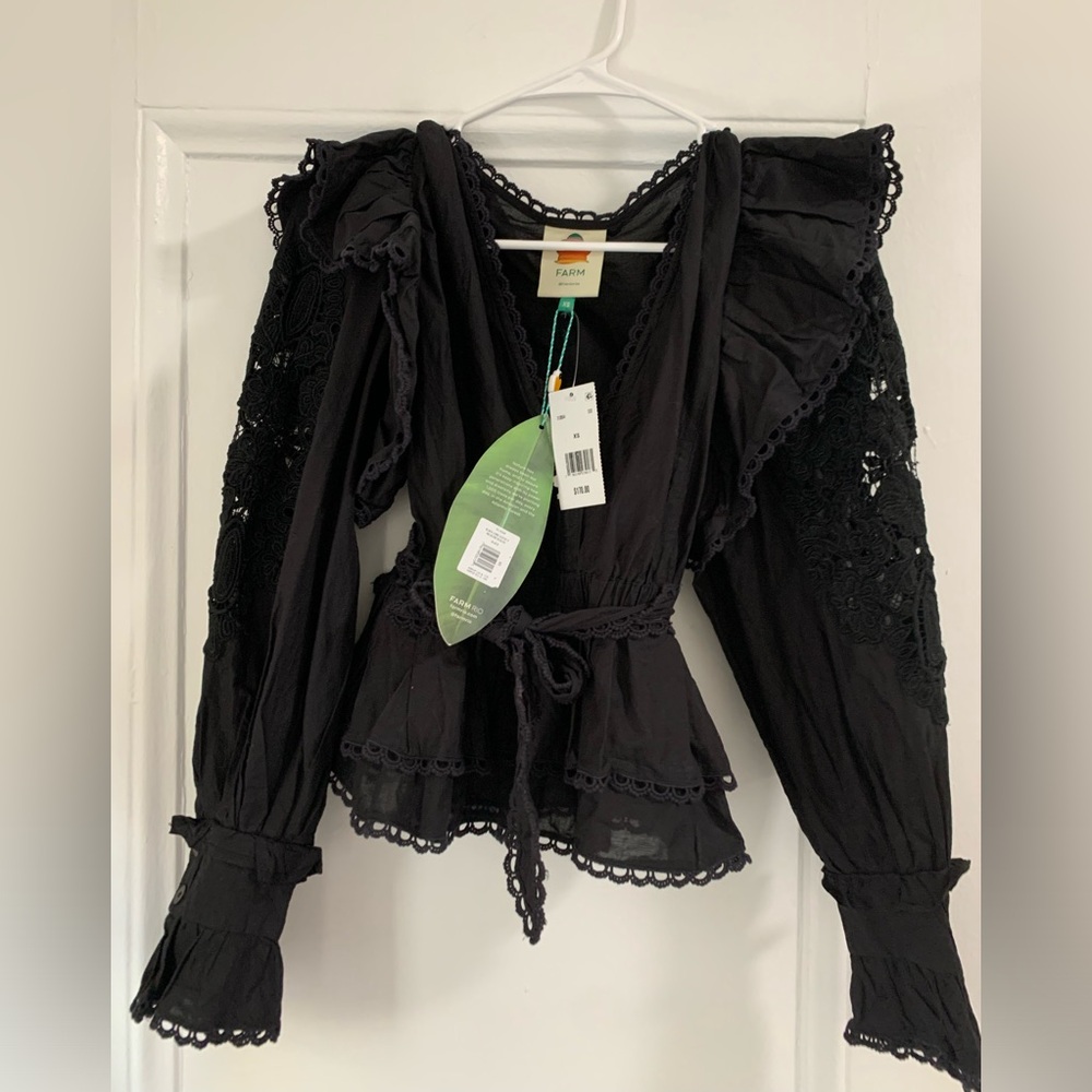 NWT - FARM Rio Cotton Long Sleeve Ruffle V Neck Top XS - Picture 3 of 4
